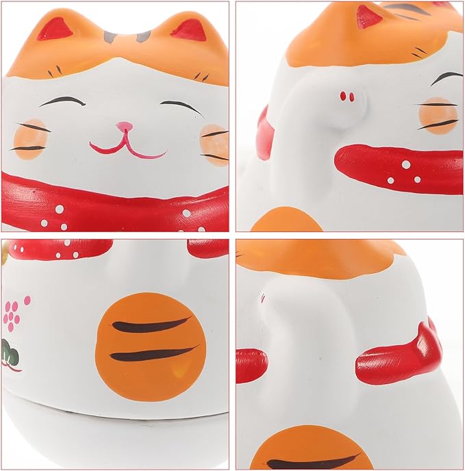 BESTonZON Ceramic Cat Tumbler Figurine Desktop Ornament White Lucky Cat Wobble Japanese Style Decorative Collectible for Home Office