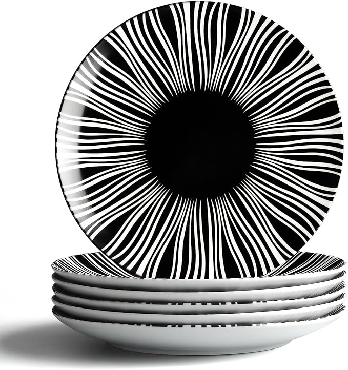 Ceramic Dinner Plates Set of 6-8 Inch Dessert Plates, Black and White Porcelain Dinner Plates Microwave, Oven & Dishwasher Safe, Minimalist Porcelain Dish Set