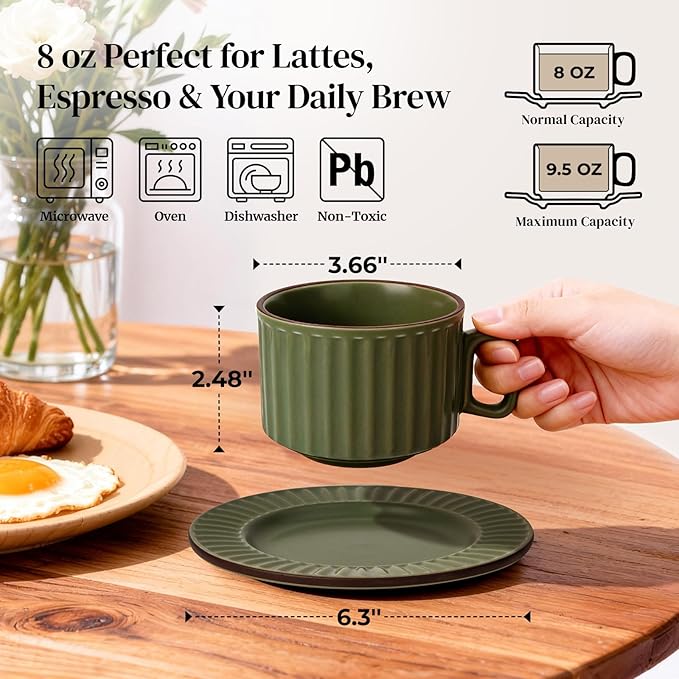DOWAN Cappuccino Cup Set of 4, 8 OZ Ceramic Coffee Cups with Saucers, Coffee Mugs, Ribbed Espresso & Latte Cups Set, Elegant Stoneware for Home & Café Use