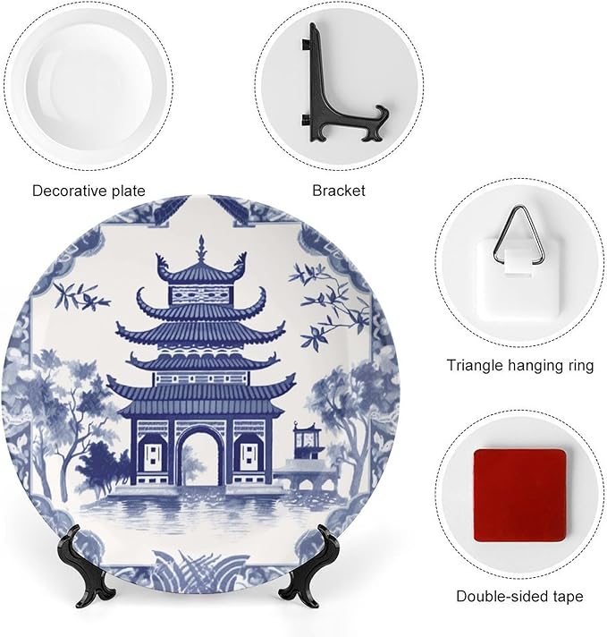 Chinoiserie Blue Asian Pagoda Plates Ceramic of 6", 7", 9", 10", Customize Bone China Decorative Plate, Wall Home Decorations Office, Unique Art with Stand