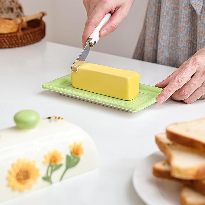 Fungi Fun Ceramic Butter Dish with Lid for Countertop – Decorative Sunflower and Mushroom Design, Unique Sunflower Kitchen Accessories, Cute Butter Dish with Cover for Countertop, Holds 2 Sticks