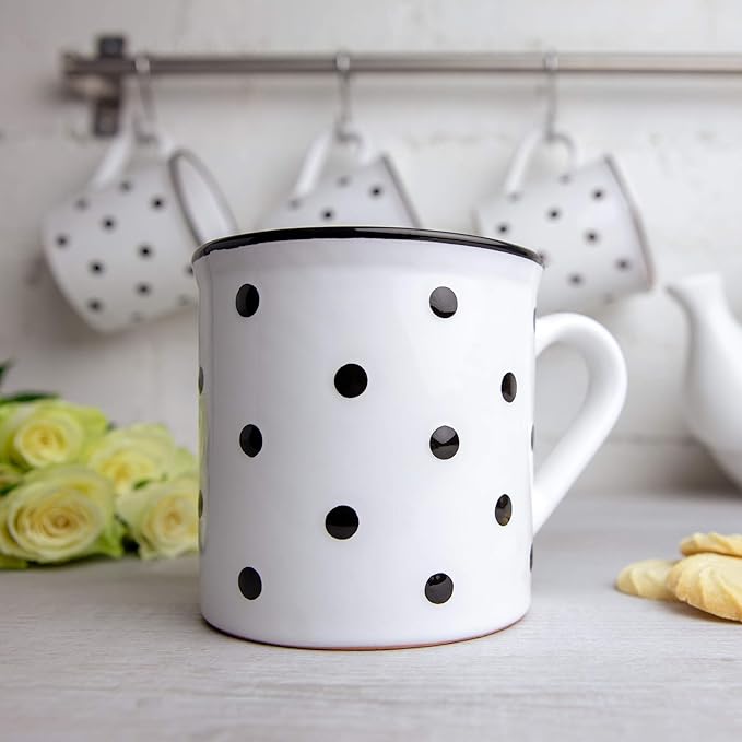 City to Cottage Handmade White And Black Polka Dot Ceramic Extra Large 17.5oz/500ml | Hot Chocolate, Coffee, Tea Mug, Cup with Handle Unique Designer Pottery for Tea Lovers