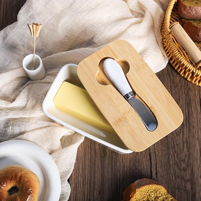 WAIT FLY Mushroom Ceramic Butter Dish with Bamboo Lid and Knife, 2 Sticks Butter Dish Butter Container Keeper for Kitchen Countertop, Home Decorative-Mushroom