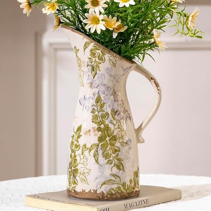 Vintage Ceramic Pitcher Vase with Handle, Farmhouse Green and Purple Large Floral Vases, French Country Decorative Vase, Rustic Table Centerpiece for Home Decor, Bookshelf, Office 10.5 Inch