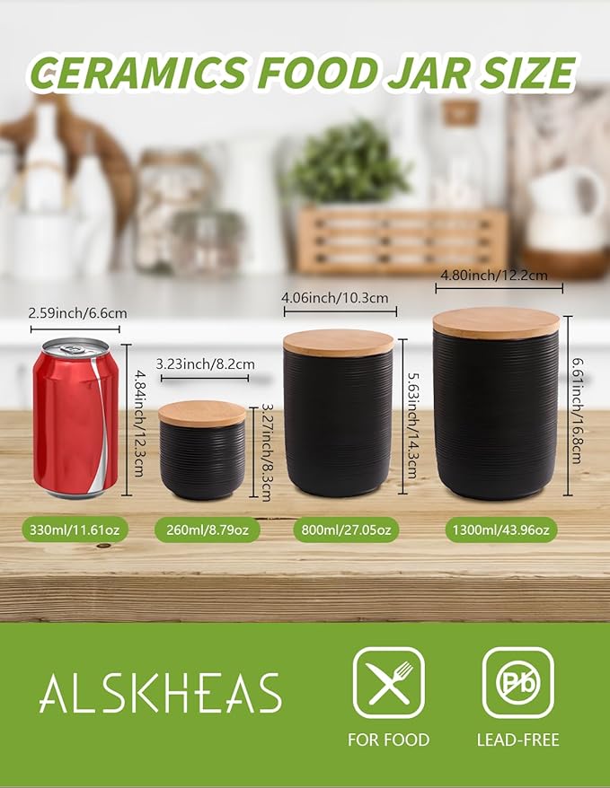 Ceramic Canister Set with Airtight Seal Lid, Kitchen Canisters for Countertop, Black Canisters Sets for Flour, Coffee, Bean, Sugar, Tea, Spices and More, Home Decor (Set of 3)