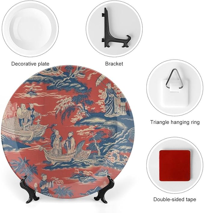 China Plates Cheng Toile Dynasty Red Chinoiserie Personalized Decor for Festival Housewarming Gifts Wedding Household Ceramic Craft for Decorative Ornaments with 1 Display Stand, Gifts for Men Women