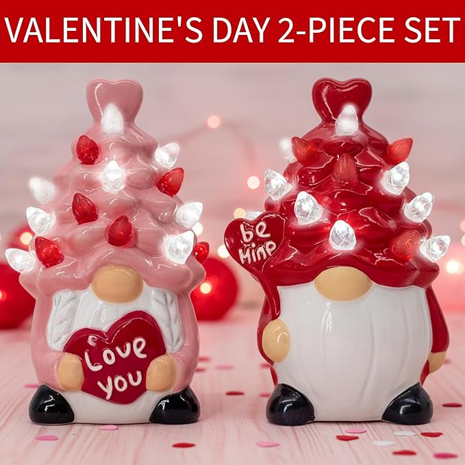 Valentines Day Decorations Pink&Red Lighted Up Ceramic Gnome Tree, Gnomes Figurines for Table Centerpieces Home Decor Indoor Outdoor Party, Valentines Day Gifs Home Decor for Couples Anniversary