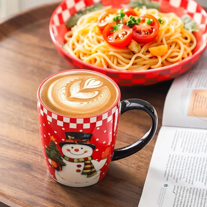 HASENSE Christmas Coffee Mugs Set of 6, 16oz Ceramic Coffee Cups with Handle–Suitable for Tea,Soup,Latte,Hot Cocoa & Milk,Large Latte Cups for Holiday Gift,Dishwasher and Microwave Safe,Red