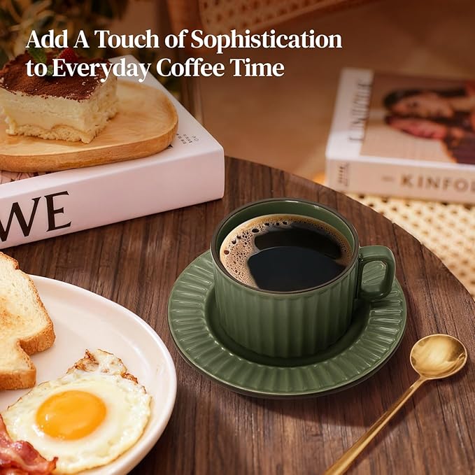 DOWAN Cappuccino Cup Set of 4, 8 OZ Ceramic Coffee Cups with Saucers, Coffee Mugs, Ribbed Espresso & Latte Cups Set, Elegant Stoneware for Home & Café Use