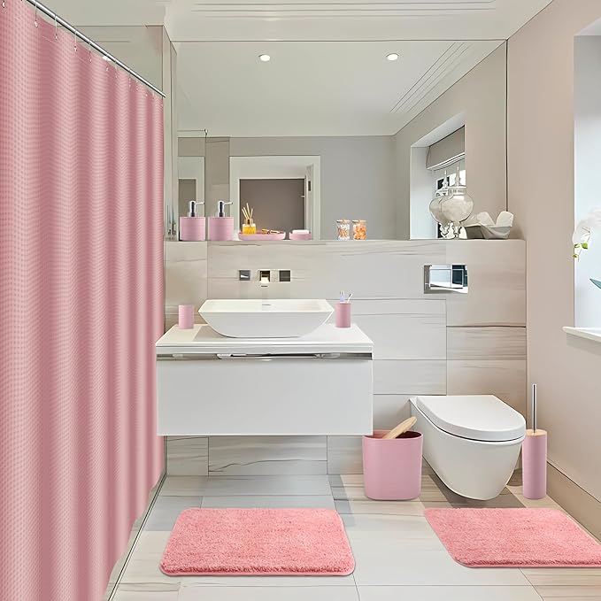 Bathroom Set - Pink Bathroom Accessories Set, Bathroom Sets with Shower Curtain and Rugs, 25PC Shower Curtain Set with Hooks, Soap Dispenser, Soap Dish, Toilet Brush Holder and Trash Can