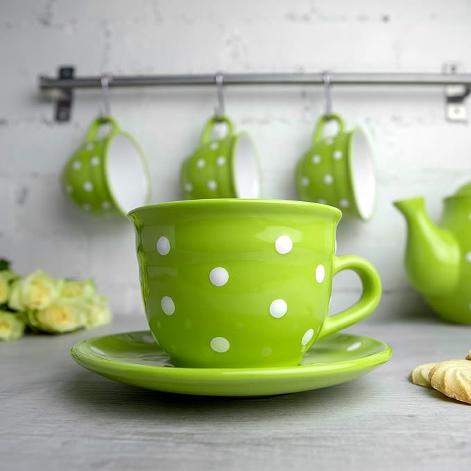 City to Cottage Handmade Lime Green and White Polka Dot Large Ceramic 12oz/350ml Cappuccino Coffee Tea Cup and Saucer, Unique Designer Pottery for Tea Lovers