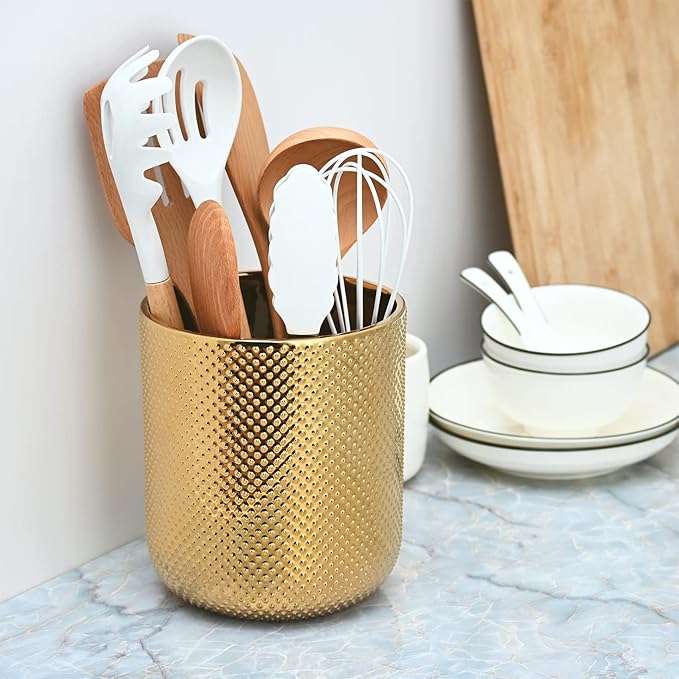 Ceramic Utensil Holder for Kitchen Counter, Gold Utensil Holder for Countertop, 5.1 W x 6.6 H inches