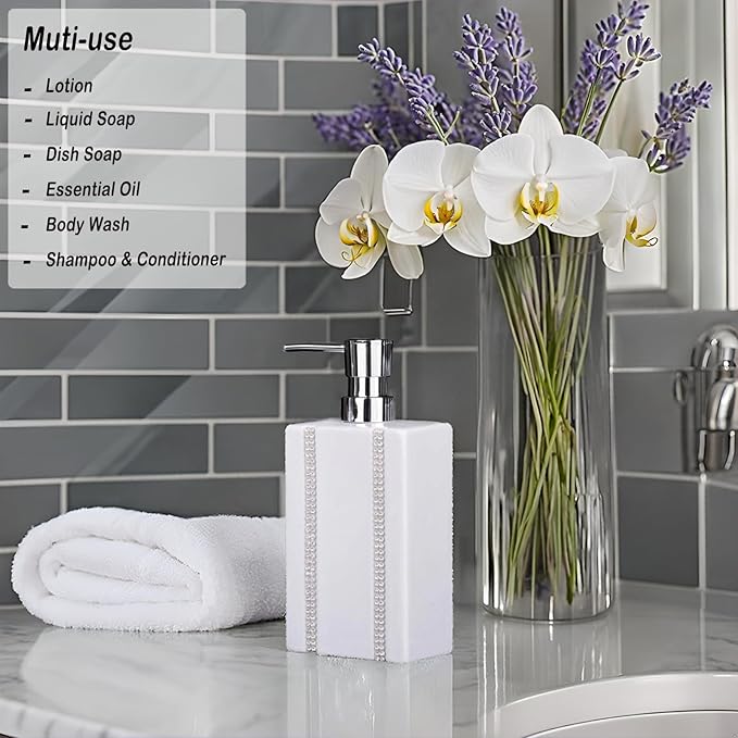 18 OZ Hand Liquid&Lotion Soap Dispenser Ceramic White Lotion Pump Bottle for Kitchen Bathroom Countertop Laundry Room Holds Dish Soap Shampoo Laundry Liquid Shower Gel(Inlaid Rhinestone)