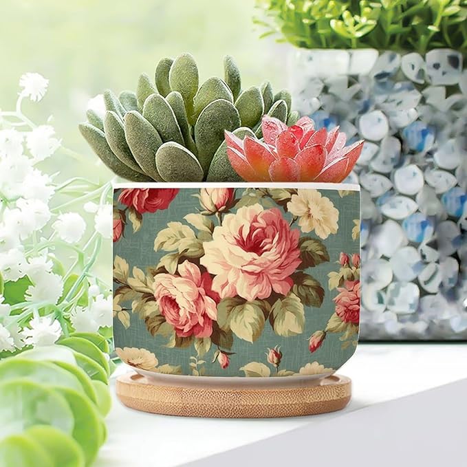 1 Piece Planters Ceramics Pink Cabbage Roses Romantic Small Ceramics Planter Cottage Chic Antique Pink Flower Ceramics Round Planter Asian Scenery Chinoiserie Plant Pot with Drainage