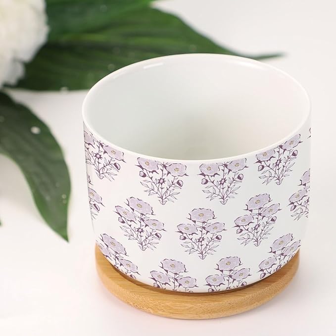 Set of 5 Watercolor Chinoiserie Floral Small Ceramics Pots for Plants Light Purple Flower Ceramics Plant Pot with Drainage and Bamboo Tray Chinoiserie Style Cactus Planter for Indoor