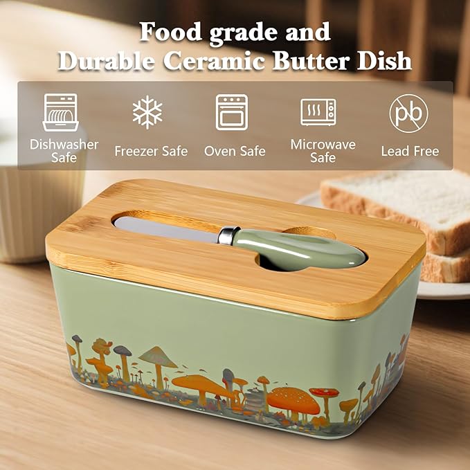 Mushroom Butter Dish with Lid,Large Butter Crock Keeper Saver,Ceramic Butter Container for Countertop with Highly Sealed Silicone Thick Wooden Lid for Kitchen Farmhouse Decor (Mint Green, Mushroom)