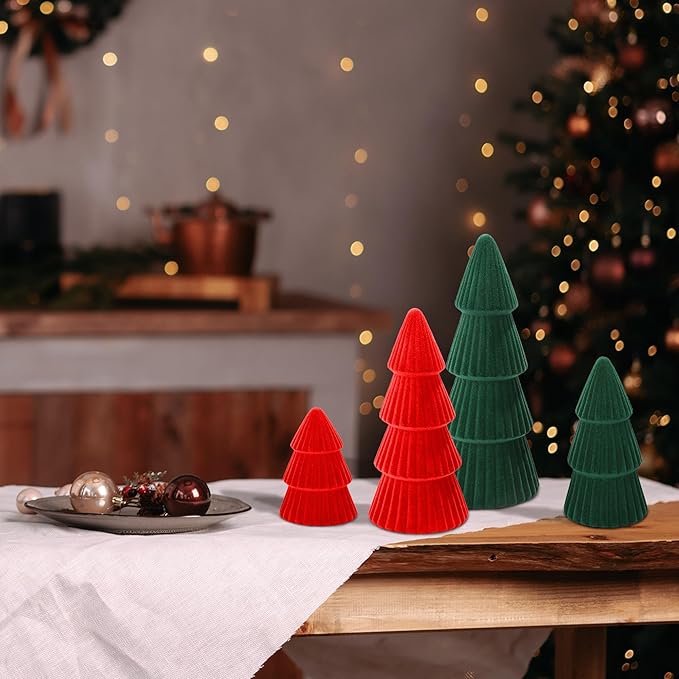 Aneco 4 Pack Velvet Ceramic Christmas Tree Christmas Indoor Decorations Modern Cone Xmas Tabletop Decor for Home Entryway Table Mantel Centerpiece Winter Holiday Party Supplies, Green, Red