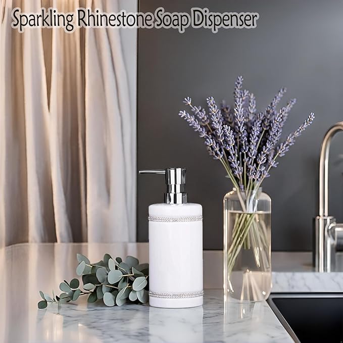 17 OZ Hand Liquid&Lotion Soap Dispenser Pump Bottle Ceramic White for Kitchen Bathroom Countertop Laundry Room Holds Dish Soap Shampoo Laundry Liquid Shower Gel (Inlaid Rhinestone) (White)