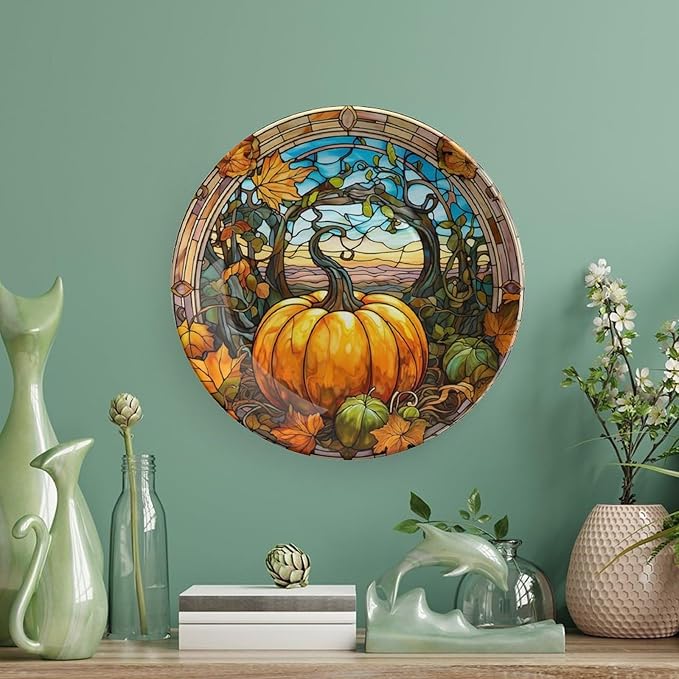 Decorative Plates, Fall Maple & Pumpkin Stained Glass Design Ceramic Dinner Plate Home Wobble-Plate with Display Stand, Wall Hanging Decor for Kitchen Household 6 Inch, Gifts for Thanksgiving