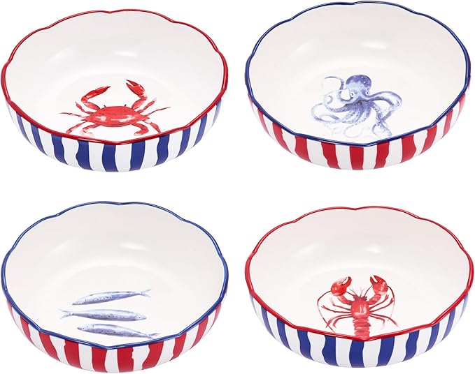 Bico Ocean Wonders Scalloped Pasta Bowls, 36oz Salad Bowl Set of 4, Large Ceramic Serving Dinner Bowls for Soup and Cereal, Microwave and Dishwasher Safe, Gift for Housewarming and Holiday