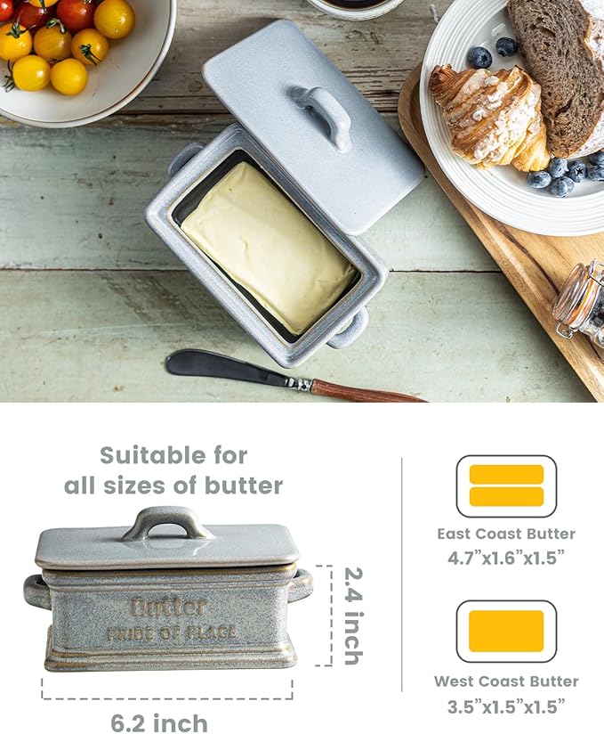 Butter Dish with Lid, Ceramic Butter Holder Container Large Butter Dish for Countertop Farmhouse Mother's Day Kitchen Decor Butter Keeper for East West Coast Butter, Gray