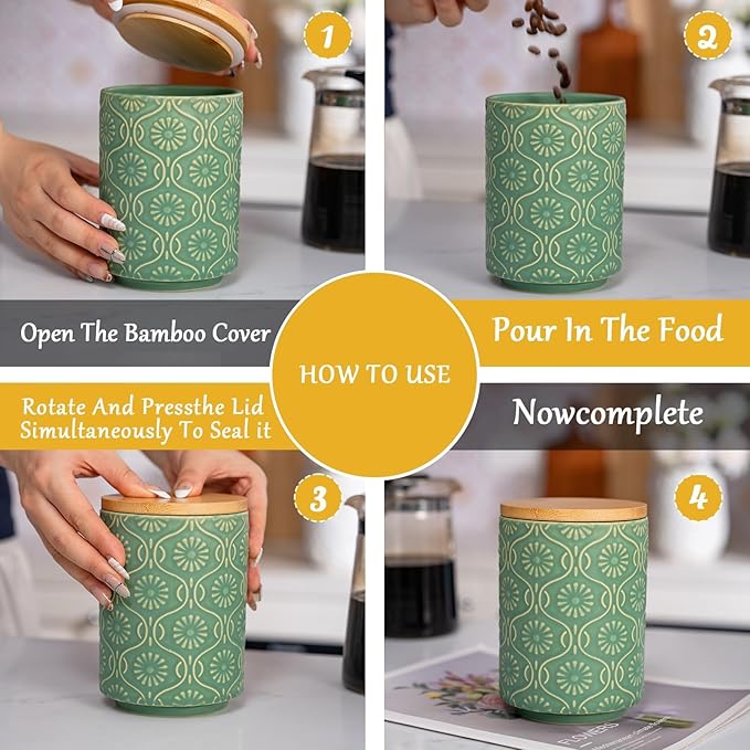 TEATALK Ceramic Canister with Airtight Lid, Perfect for Coffee, Sugar, Tea Storage, 23 Fl Oz, Green