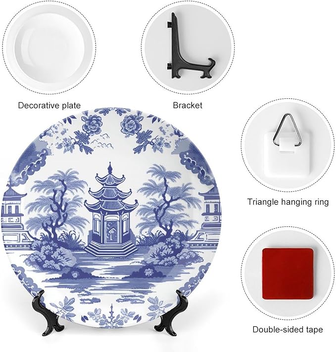 Chinoiserie Blue Asian Pagoda Ceramic Decorative Plate for Display Household Club Supplies Wedding Housewarming Gifts Holiday Party Decorations Personalized Gifts for Men Women Birthday