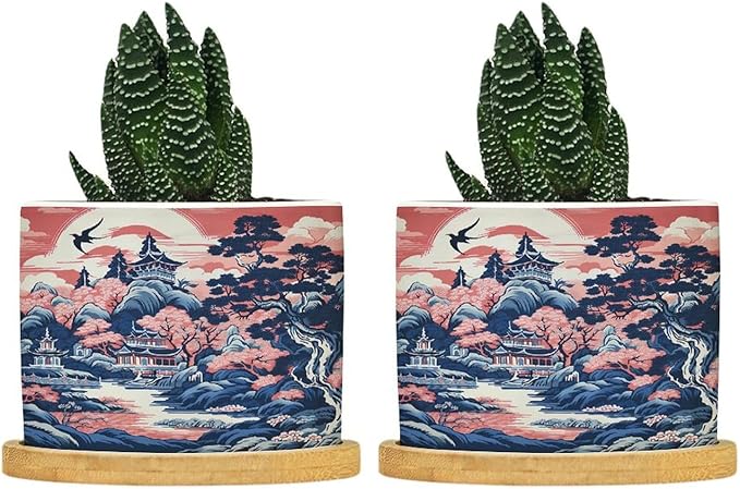 Pink Blue Chinoiserie Planter Ceramic Coral Chinoiserie Chic Asian Round Plant Pots with Drainage Holes and Bamboo Tray Pot for Home Desktop Office Windowsill