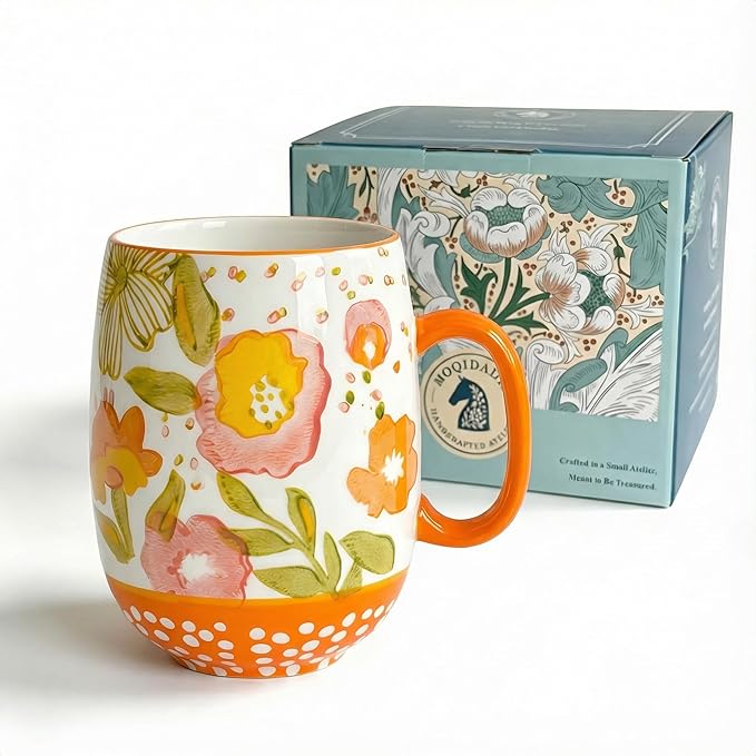 Large 24oz Ceramic Coffee Mug with Handle for Coffee or Tea, Hand-Painted Floral Pottery Mug for Women, Durable Microwave & Dishwasher Safe, Christmas Gift for Family, Holiday & Fall Decor