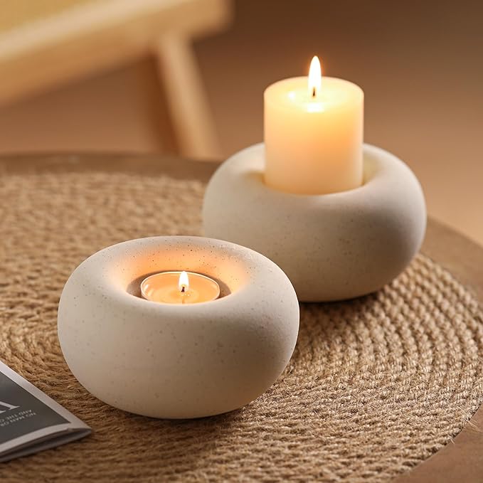 Tea Light Candle Holders, Tealight Candle Holder, Larger Ceramic Boho Votive Candleholders in Beige, Farmhouse Rustic Home Table Centerpiece Decor for Wedding, Living Room, Christmas, Parties