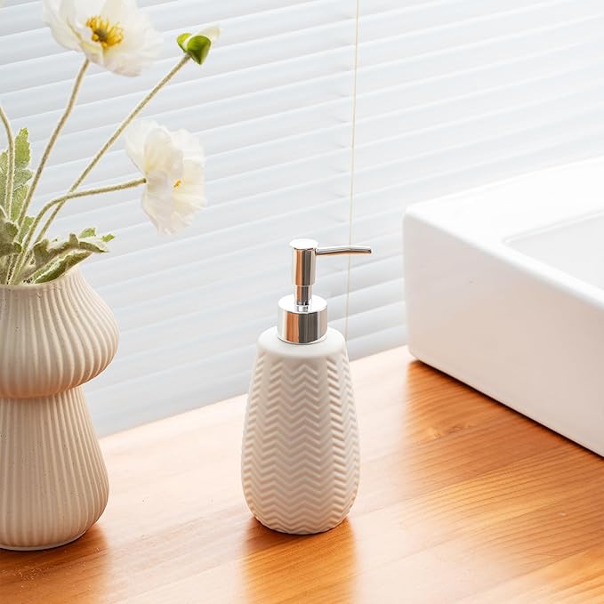 White Soap Dispenser,Wavy Design Ceramic Dispenser for Bathroom, Kitchen, Hand Soap, Dish Soap, Bathroom Countertop