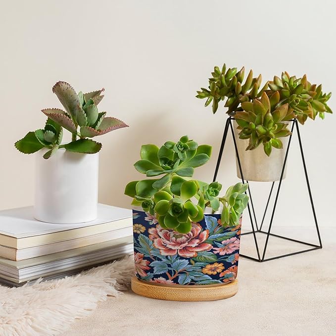 Bright and Chinoiserie Ceramic Planter Coral Peony Floral Snake Plant Live Indoor with Pot with Drainage Holes and Saucers Pot for Succulents Cactus Garden Windowsill