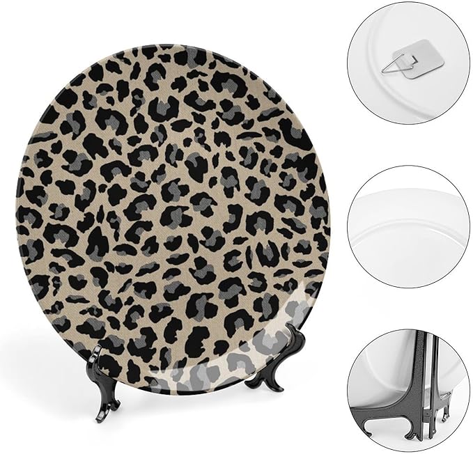 Leopard Animal Print Black in Brown Background China Plates, Animals Wildlife with Textures Customize Wall Art Hanging Plate for Office Wall Home Decor, with Vertical Stand Art Decor for Wedding