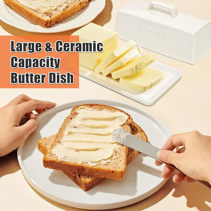 Gute Butter Dish with Lid for Countertop, Covered Ceramic Butter Dish, Butter Tray Storage for 1 Stick of Butter, Butter Keeper Container with Handle for Kitchen, White