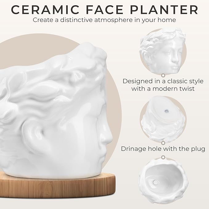 Small Head Planter - Ceramic Face Planter Pots for Indoor Plants, Cute Funny Succulent Pot with Drainage Hole, Unique Gift, 3.9"
