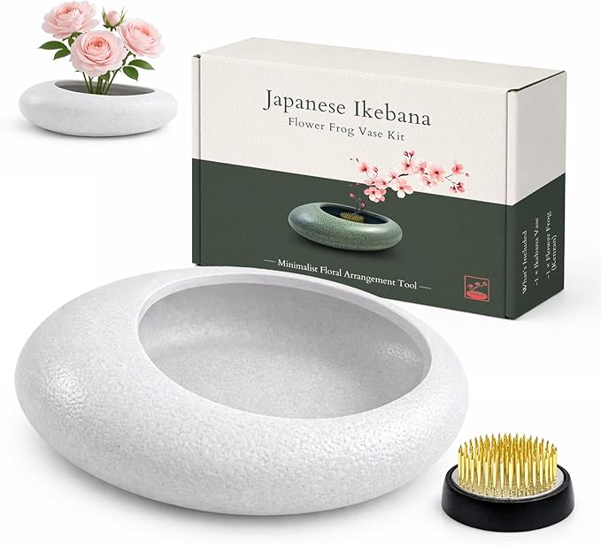 Japanese Flower Frog Vase Set – Minimalist White Ceramic Flower Vase with Flower Frog, Modern Flower Arrangement Pot for Living Room Decor & Art Supplies, Gift Box for Flower Lover