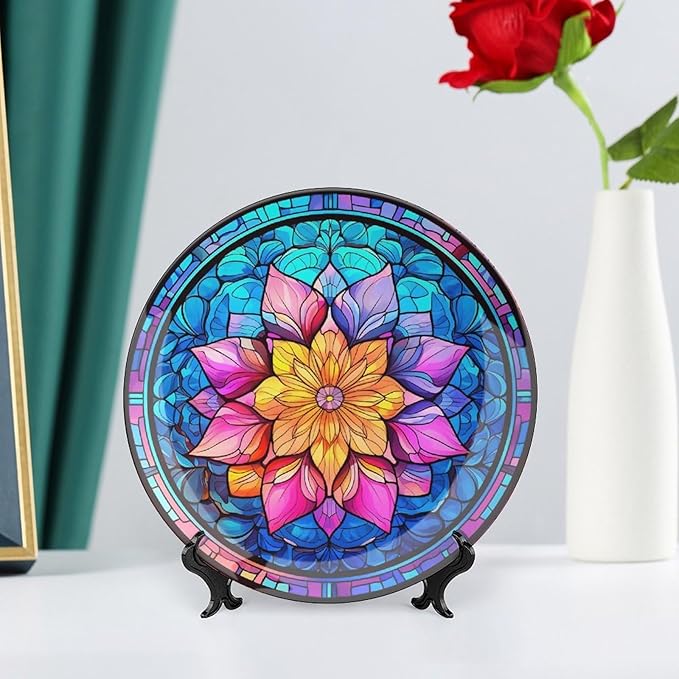 Decorative Plates, Boho Flower Stained Glass Design Ceramic Dinner Plate Home Wobble-Plate with Display Stand, Wall Hanging Decor for Dining Room Kitchen Household 8 Inch, Gifts for Family Friends