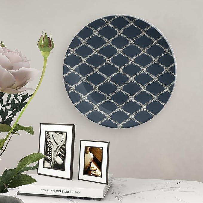 Home Decorations Ceramic Decorative Plate, Geometric Asian Check in Navy Blue Customize Christmas Gifts Porcelain Dessert Plate Set for Housewarming Gifts Household Home Decor, Including Bracket