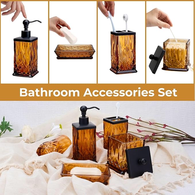 Bathroom Accessories Set,5 Pcs Amber Glass Bathroom Accessory Set,Complete Lotion Soap Dispenser,Toothbrush Holder,Soap Dish,Tumbler & Jar,Modern Bathroom Decor Sets Gift,Square