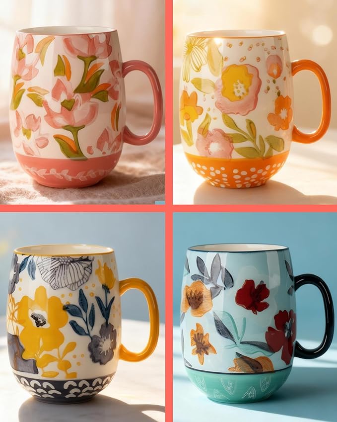 Large 24oz Ceramic Coffee Mug with Handle for Coffee or Tea, Hand-Painted Floral Pottery Mug for Women, Durable Microwave & Dishwasher Safe, Christmas Gift for Family, Holiday & Fall Decor
