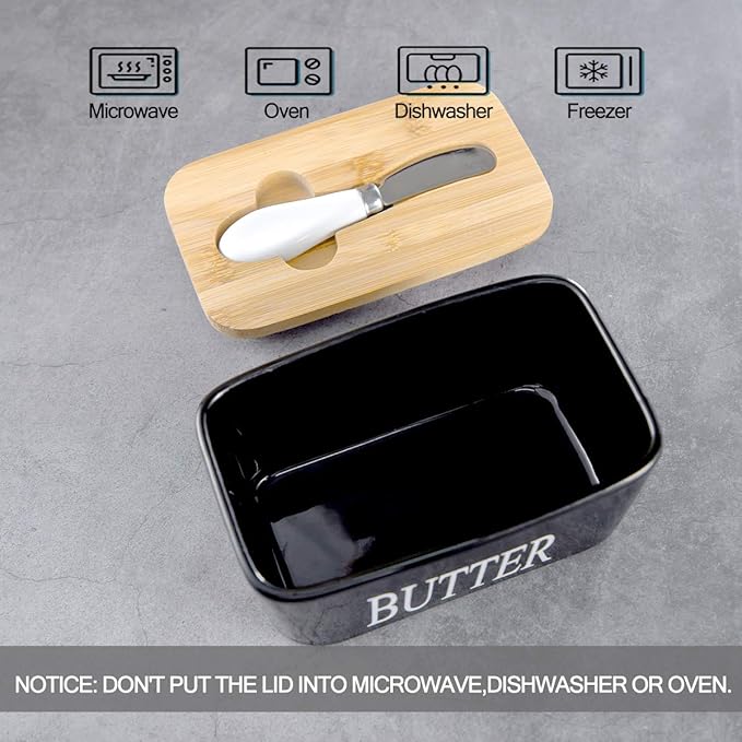 Hasense Porcelain Butter Dish with Bamboo Lid - Covered Butter Keeper with Butter Knife for Countertop, Airtight Butter Container with Cover for East West Coast Butter, Black