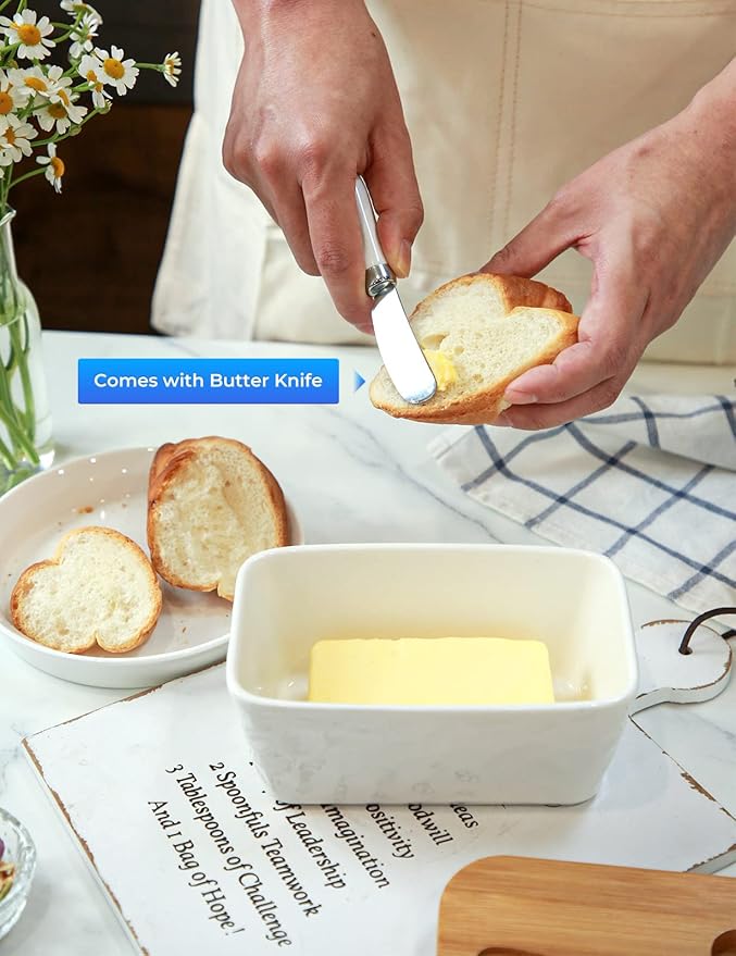Butter Dish with Lid: Large Butter Dish for Countertop - Ceramic Butter Container with Knife Double Silicone Seal - Unique Stone Butter Dishes with Covers for Farmhouse Kitchen Decor Home Decor White