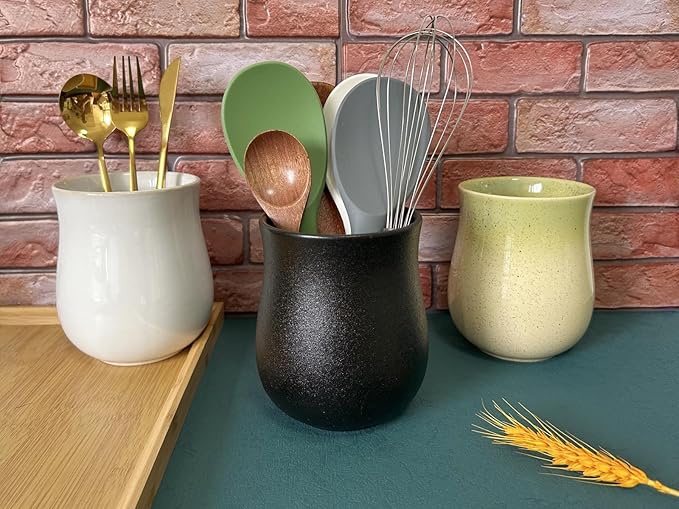 Short Kitchen Utensil Holder for Kitchen Counter, Ceramic Small Utensil Crock & Vase & Holder for Cutlery Spatula Brush Silverware Cooking Utensil Holder (Matte Black)