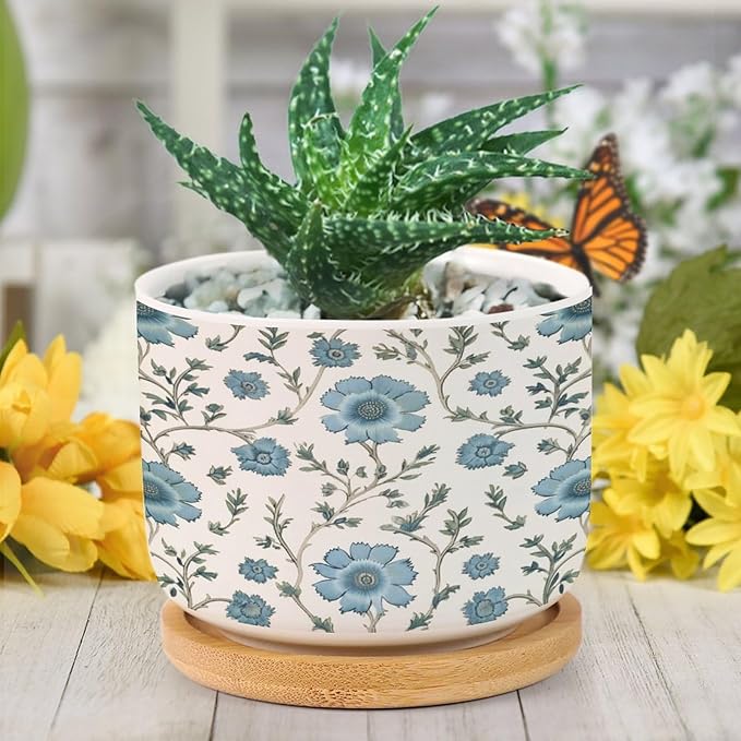 Mughal Flower in Ceramic Planter Blue Floral Planters for Indoor Plants with Drainage Holes and Saucers Pot for Succulents Cactus Garden Windowsill