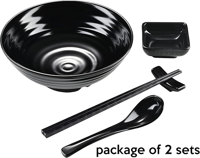 Unbreakable Ramen Bowl Set with Chopsticks and Spoon: 2 large Japanese Style Melamine Ramen Bowls, Dipping Bowls and Chopstick Stands for Asian Pho Soup Thai Miso Udon Wonton (2 Bowl Set, Black)