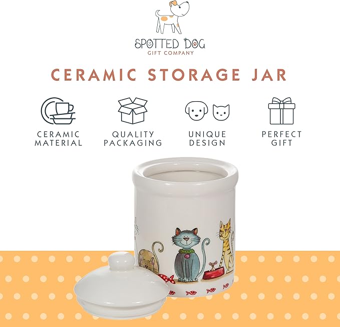 SPOTTED DOG GIFT COMPANY Ceramic Jar with Lid for Countertop, Cute Cat Treat Container, Decorative Kitchen Storage Jar for Tea Coffee Sugar, Gifts for People Who Love Cats 35oz