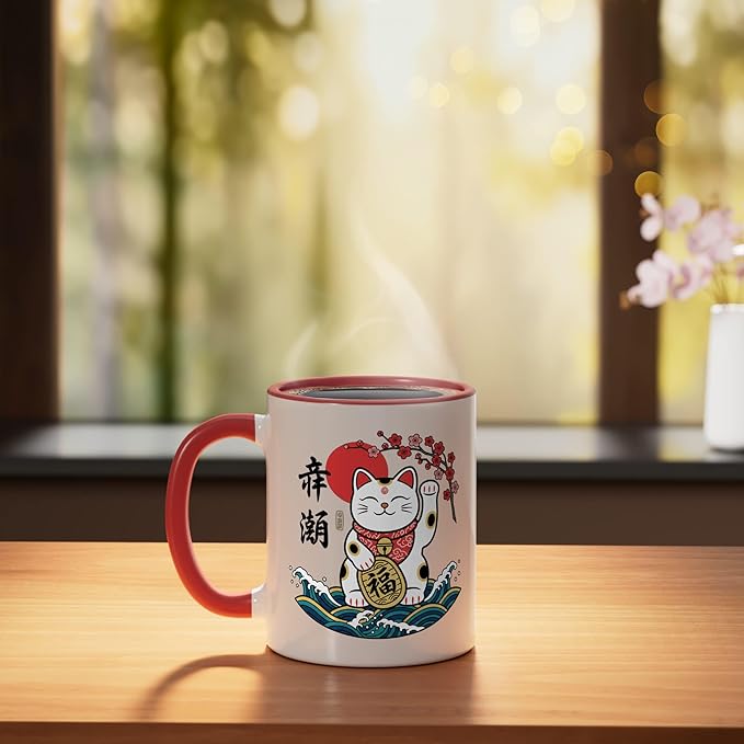 Cat Japanese Lucky Maneki Cat, Lucky Cat With & Bloss Ceramic Mug, Red/White