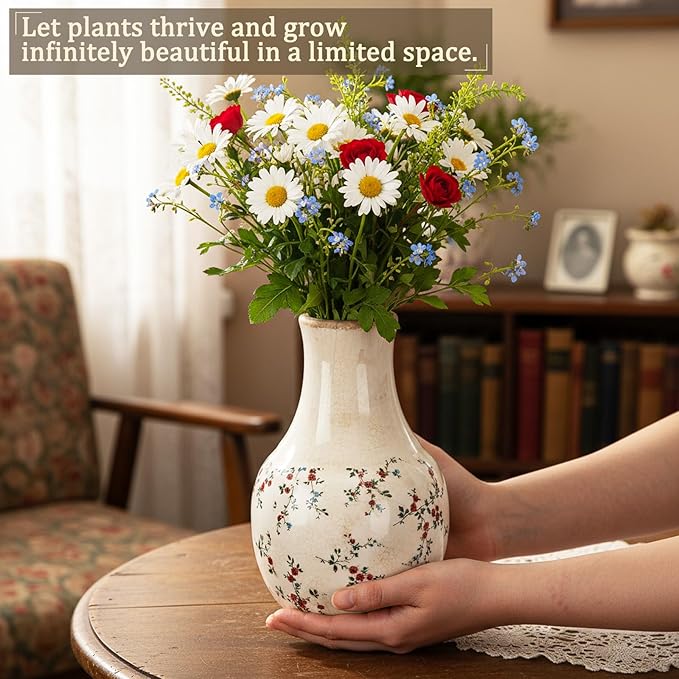 LemonRoad Vintage Ceramic Flower Vase 5.7 Inch Chinoiserie Ice Cracked Glaze Porcelain Vase Rustic Ceramic Large Centerpieces for Home Table Living Room Bookshelf Office(Rose Style)