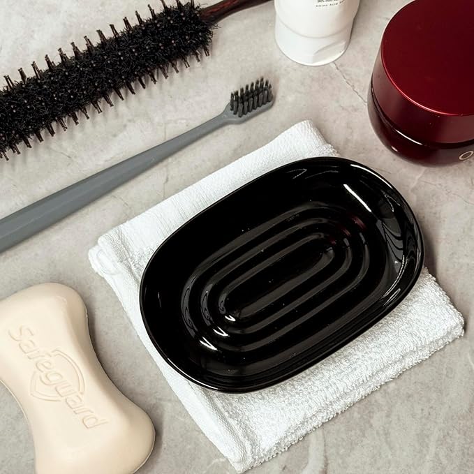 Soap Dish, Ceramic Soap Dish with Marble PatternShower, Soap Saver Tray for Bathroom, Kitchen Sink & Vanity, Multi-Use Holder for Jewelry, Rings, Keys (2 Pack, Black)