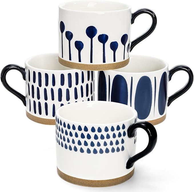 SOUJOY Set of 4 Large Ceramic Coffee Mugs, 15 Oz Hand Painted Coffee Cups with Handles, Vintage Glazed Porcelain Soup Mugs for Tea, Hot or Cold Drinks, Best Gifts for Birthday, Thanksgiving, Christmas